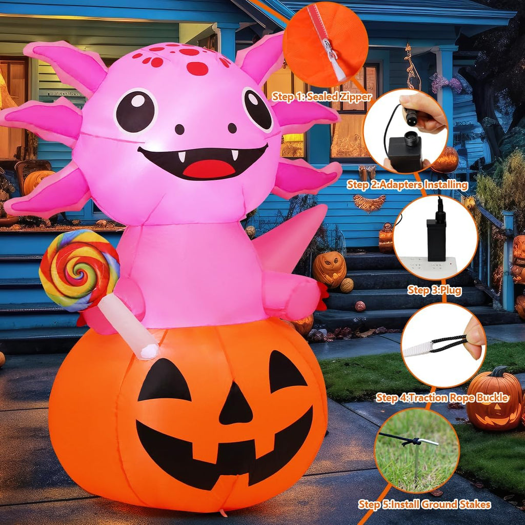 comin 5 ft halloween inflatables axolotl pumpkin outdoor, side view