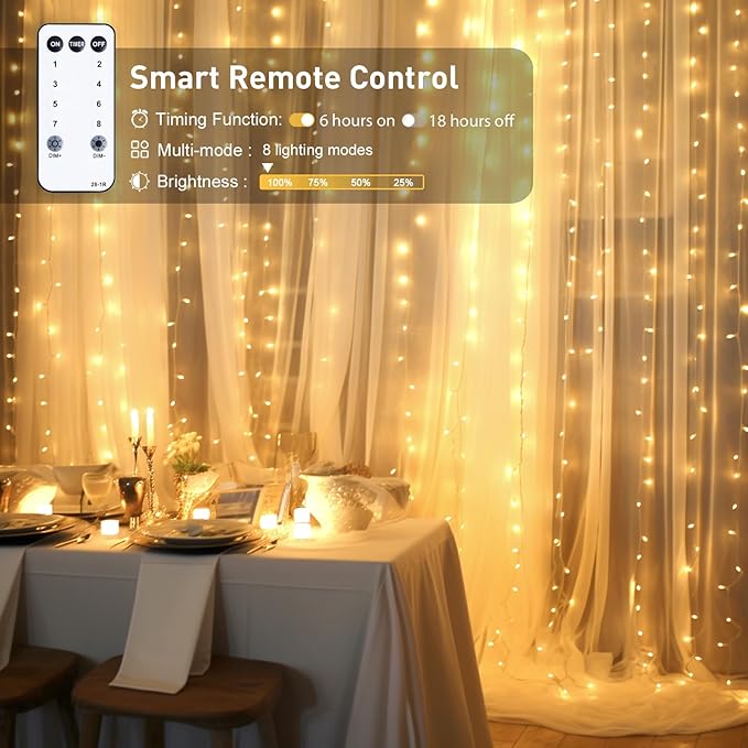 JMEXSUSS 900 LED Outdoor Christmas Curtain Lights, 9.5x29.5ft Christmas Lights Plug in with Remote, Twinkle Hanging String Light for Bedroom Wall Wedding Backdrop Window Gazebo Decor, Warm White
