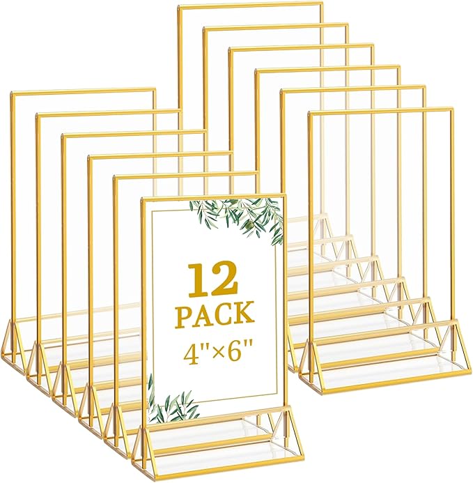Floroom 12 Pack 4x6 Inch Clear Acrylic Sign Holders, Double-Sided Gold Display Stand Picture Frames for Table Numbers, Menus, Flyers, Weddings, and Offices