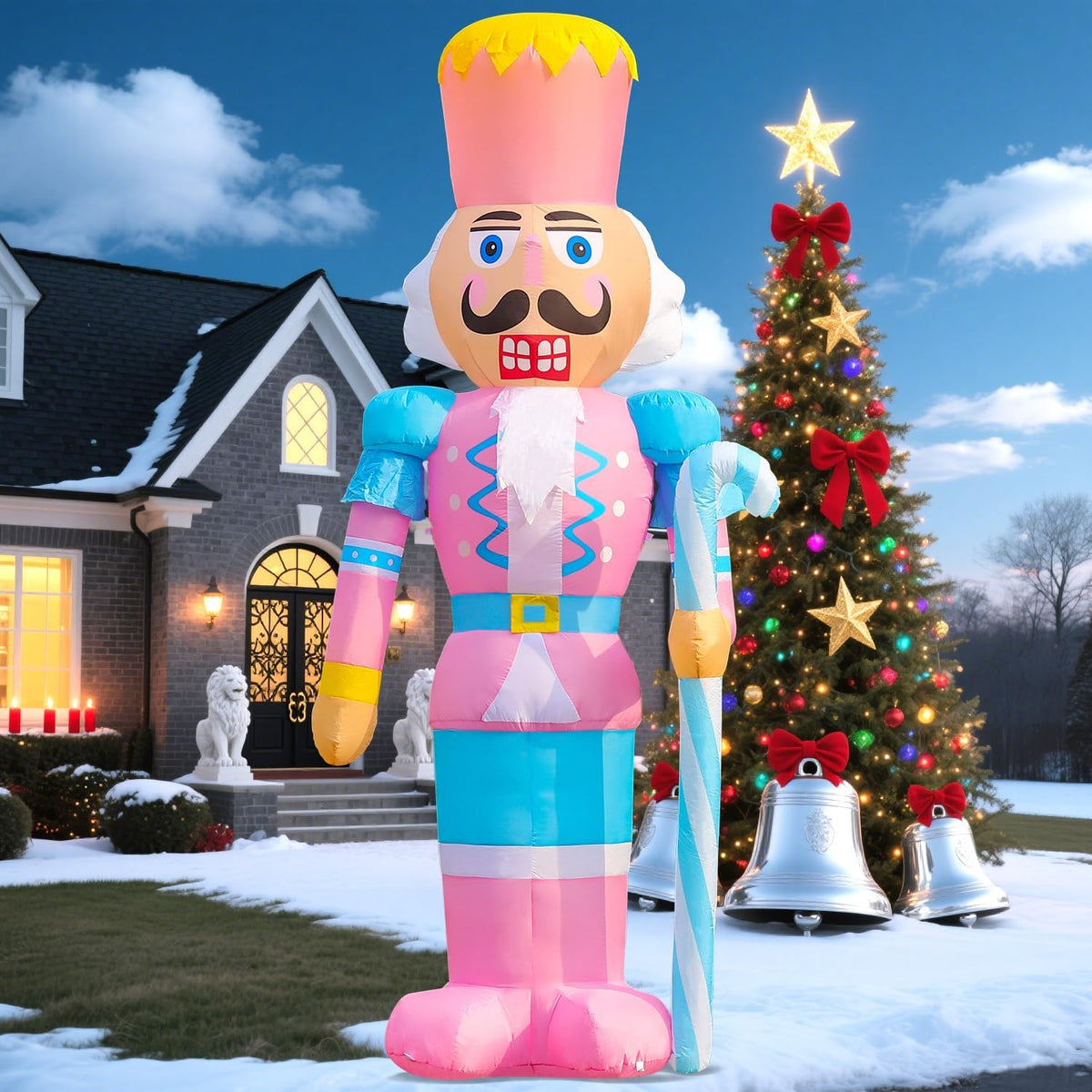 DomKom 12FT Giant Pink Christmas Inflatable Nutcracker Soldier with Candy Cane Built-in LED Lights Inflatable Decorations - Waterproof Outdoor/Indoor Blow Up Holiday Yard Decor