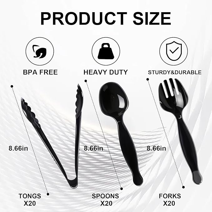 60 Pcs Disposable Black Plastic Serving Utensils,20 Set Including 9" Plastic Serving Spoons, Forks and Tongs for Dinner Parties, Buffets,Banquets, Events, Weddings, and Daily Use