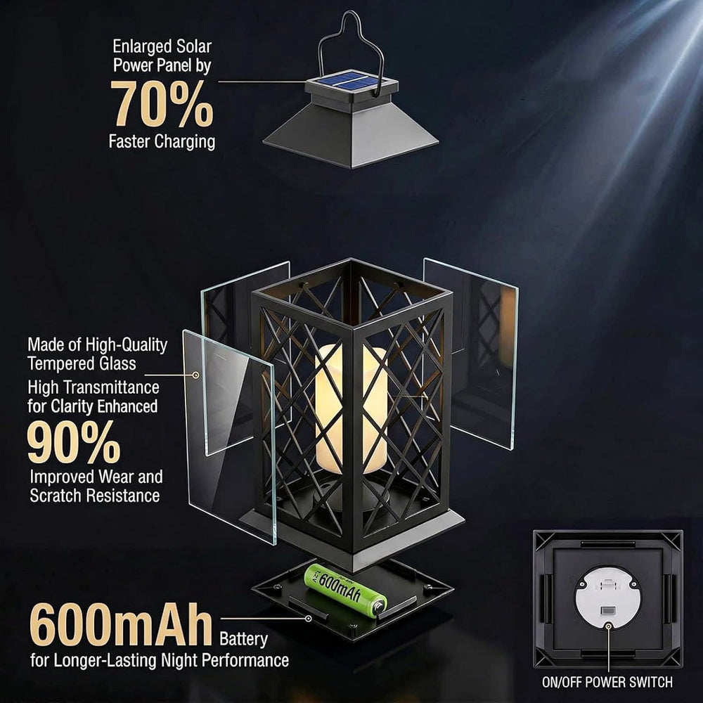 2 Pack 14'' Large Tempered Glass Solar Lanterns Outdoor Waterproof