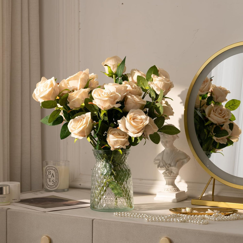 AmyHomie 48 PCS Champagne Roses, Velvet Realistic Fake Flowers w/Stems