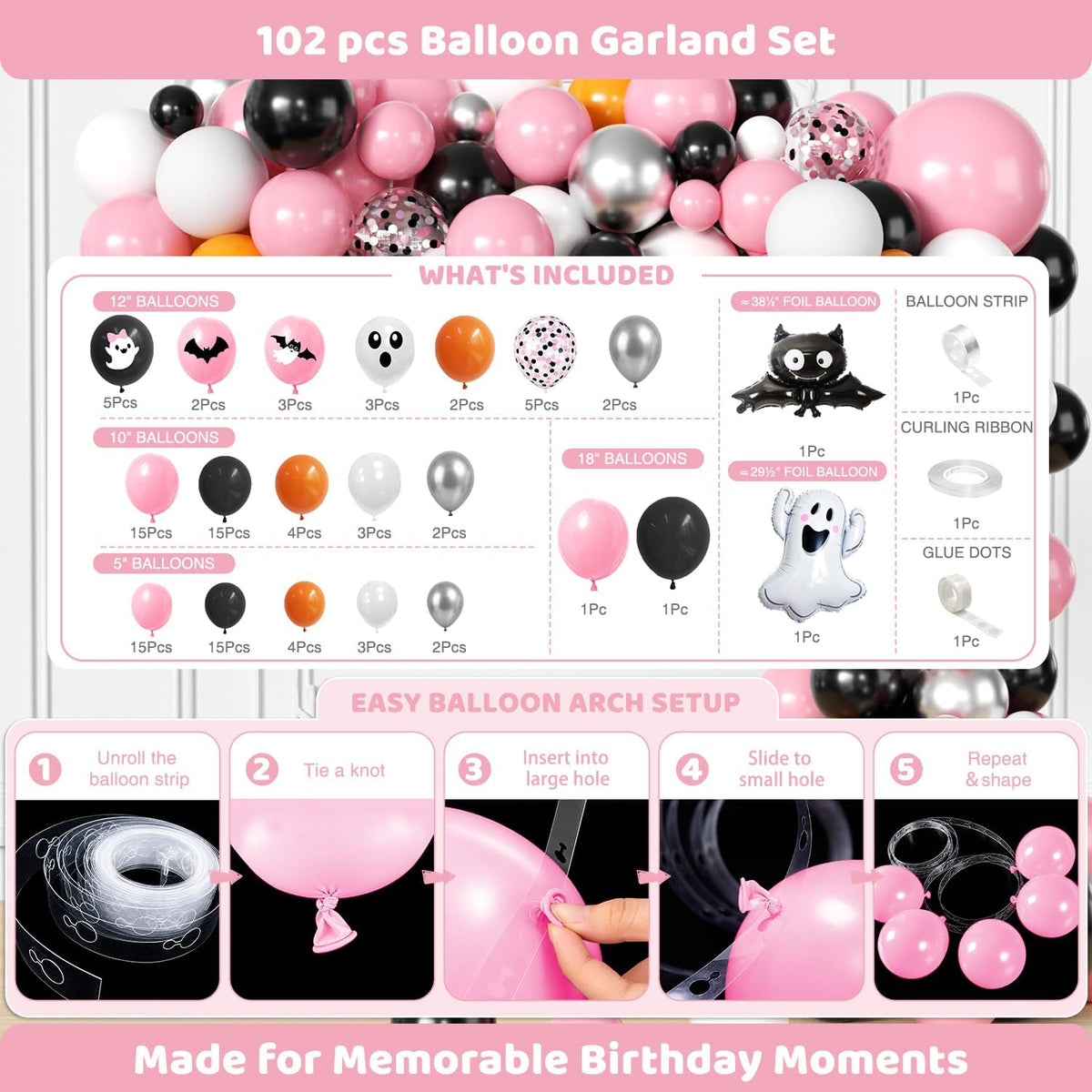Happy Booday Party Decorations, Pink Halloween Birthday Decorations for 24