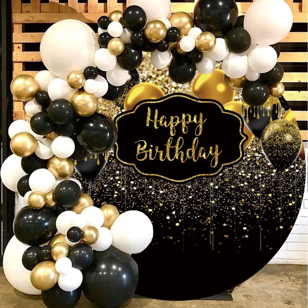 6.5x6.5ft Happy Birthday Round Backdrop Cover Black and Gold Bokeh Sequin Spo...