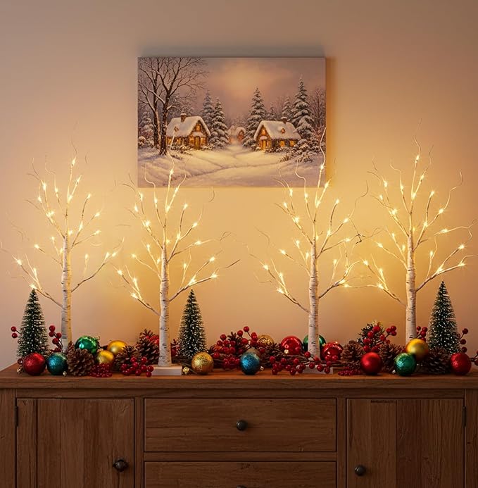 EAMBRITE Home Decorations Light Up White Birch Tree Indoor Christmas Decor, 4 Pack Battery Operated/USB Lighted Tabletop Money Tree Lamp Led Lights Easter Wedding Centerpiece Table Room (2 Ft)