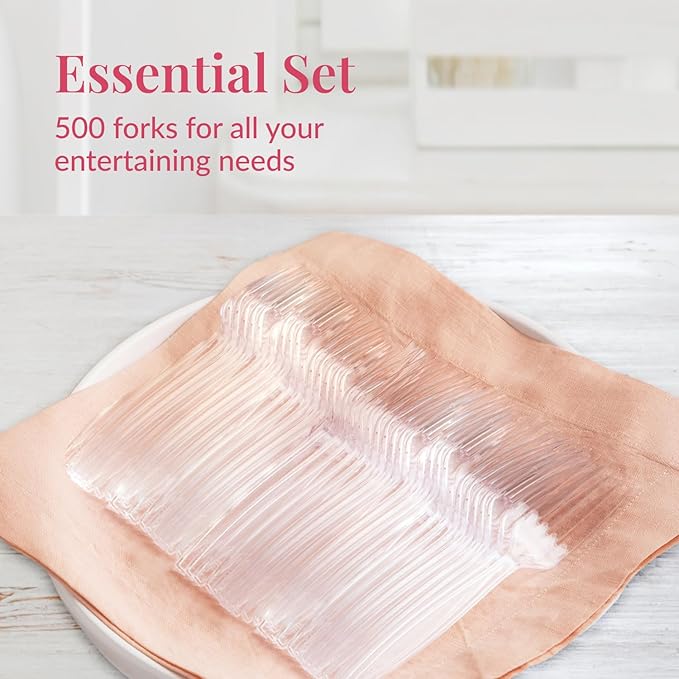 Prestee 500 Clear Plastic Forks - Heavyweight Disposable Forks, Sturdy Flatware, Elegant Fork for Parties, Bulk Disposable Silverware Set, Clear Plastic Utensils - Flatware