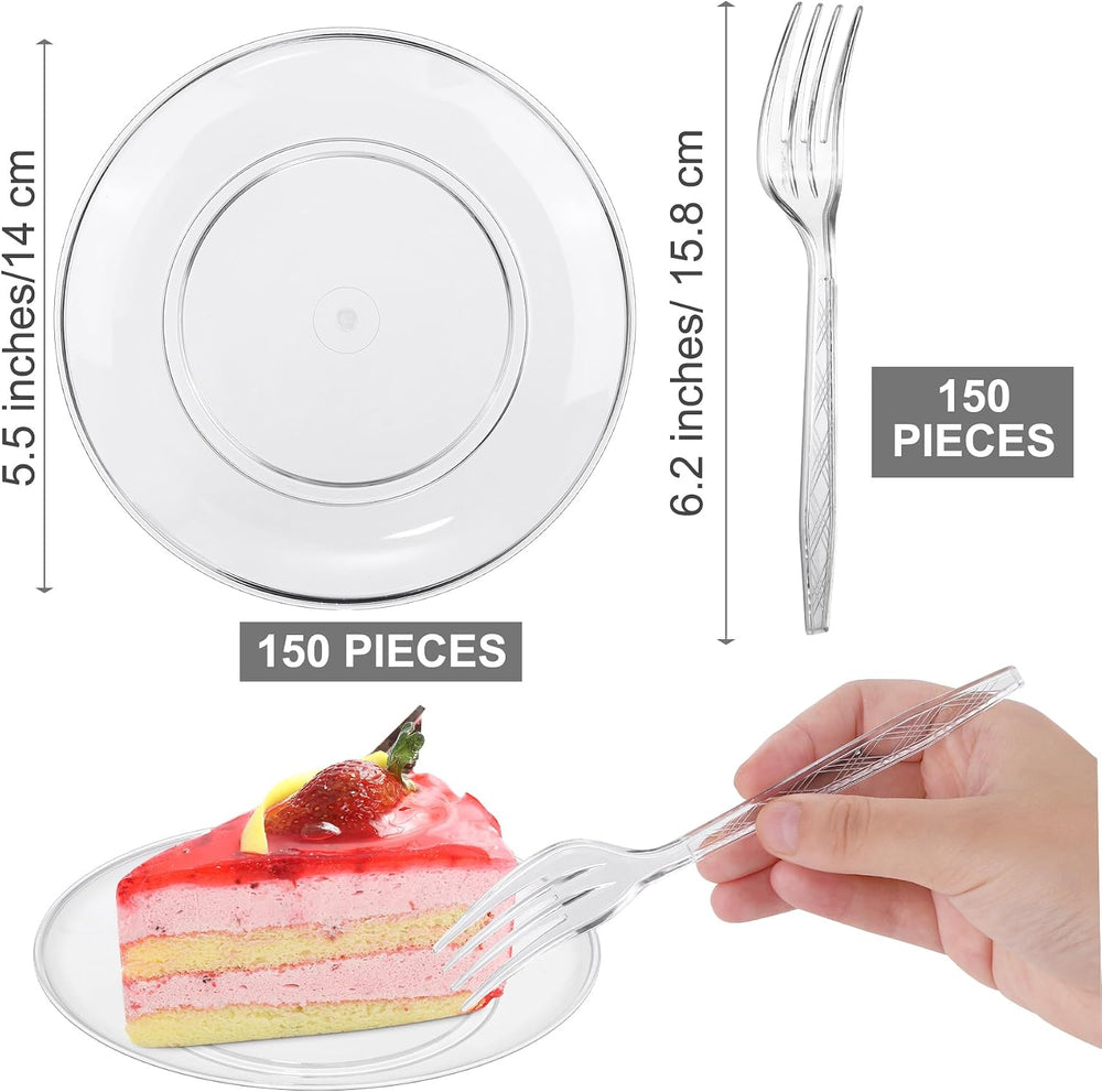300 Pieces Clear Disposable Plastic Plates with Plastic Forks 5.5 Inch Desser...