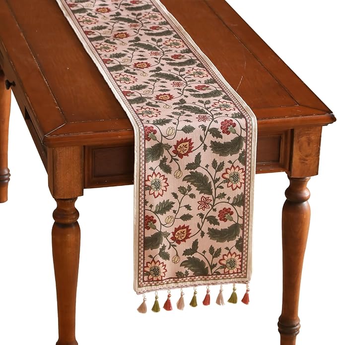 ISAENNE Designer Provence Elegant Linen Extra Long Table Runner 118 Inches,Flower and Leaves Pattern Durable Table Runners for Dining Tables,Thanksgiving,Kitchen Tables,Christmas,12"*118"-Ratina