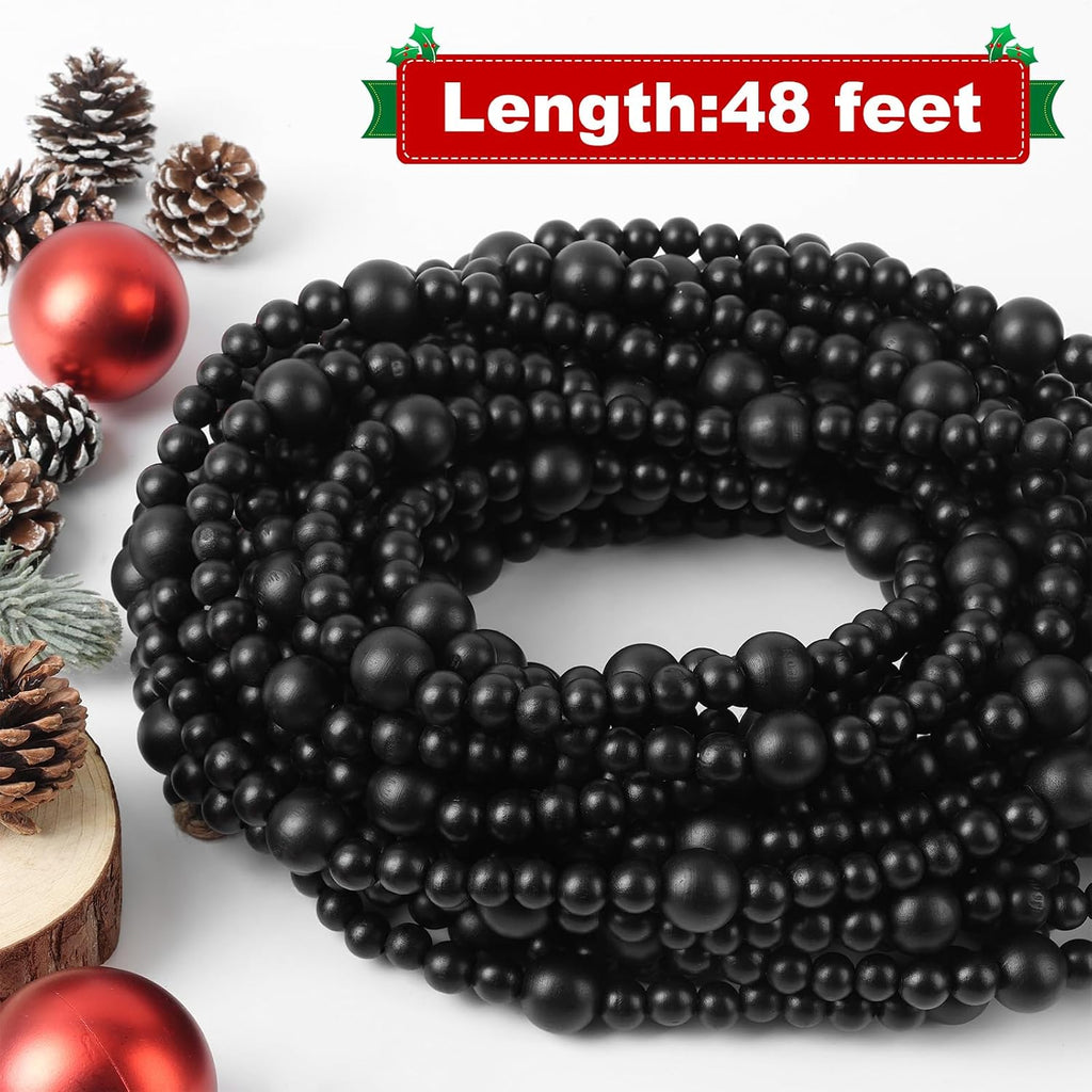 48Ft Christmas Wood Bead Garland Rustic Holiday Decor for Tree (Black)
