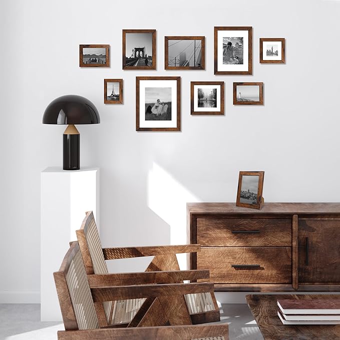 8x12 Picture Frame Set of 4 with High Definition Real Glass, Display 6x8 Pictures with Mat or 8 x 12 Without Mat, Wood Rustic Photo Frames for Tabletop and Wall Mounting