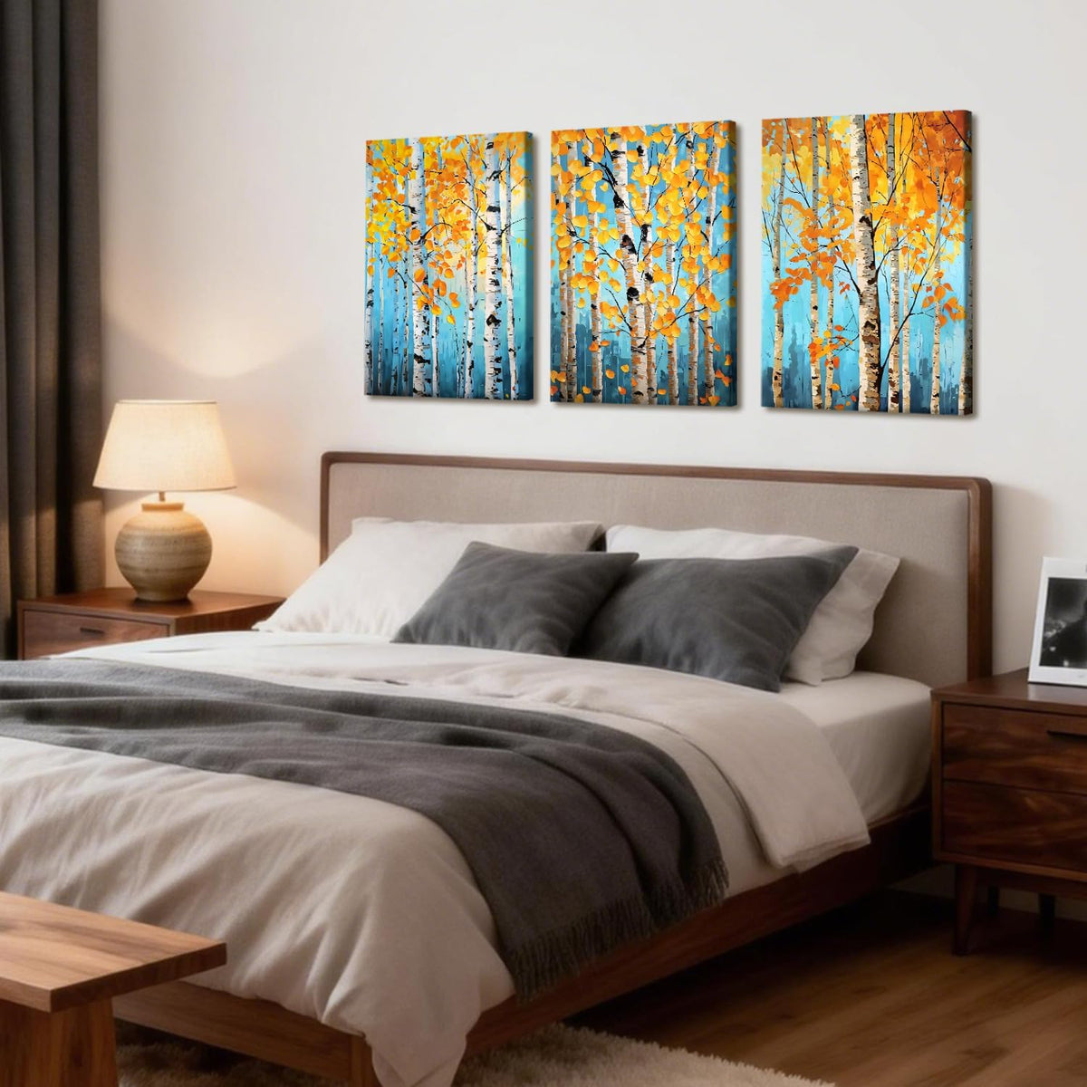 eeynaqq birch tree wall art, 3-piece teal blue showing dimensions