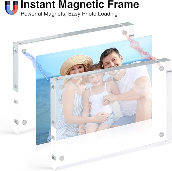 HOUSE DAY Acrylic Picture Frames 8x10, 2 Pack Magnetic 8x10 Picture Frame, Double Sided Clear 8 x 10 Photo Frame with Microfiber Cloth, Frameless FreeStanding 8x10 Frame Gift for Desktop Display