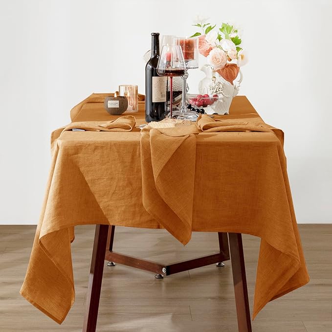Talasily Linen Tablecloth 100% Pure Linen Table Cloth 60x120 Inches Rectangle Tablecloths Washable Cloths for Kitchen, Dining, Buffet Parties, Holidays, Picnic, Weddings and Restaurants-Caramel
