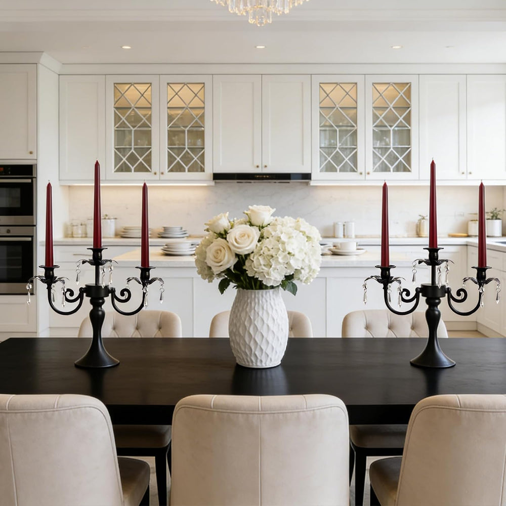 Metal 3 Arm Candelabra with Crystal Pendants - 11.8 Inch Tall Candle Holders,...
