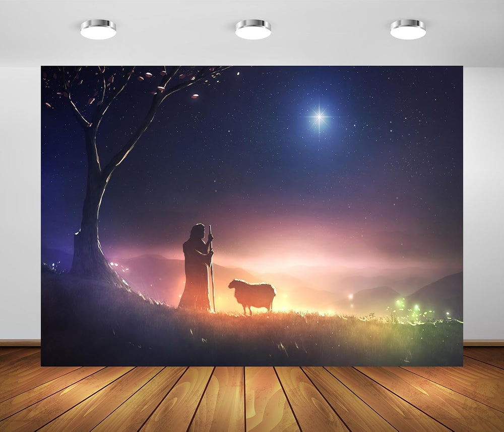 BELECO 12x10ft Fabric Bible Scene Shepherd and Sheep Backdrop Star of Bethleh...