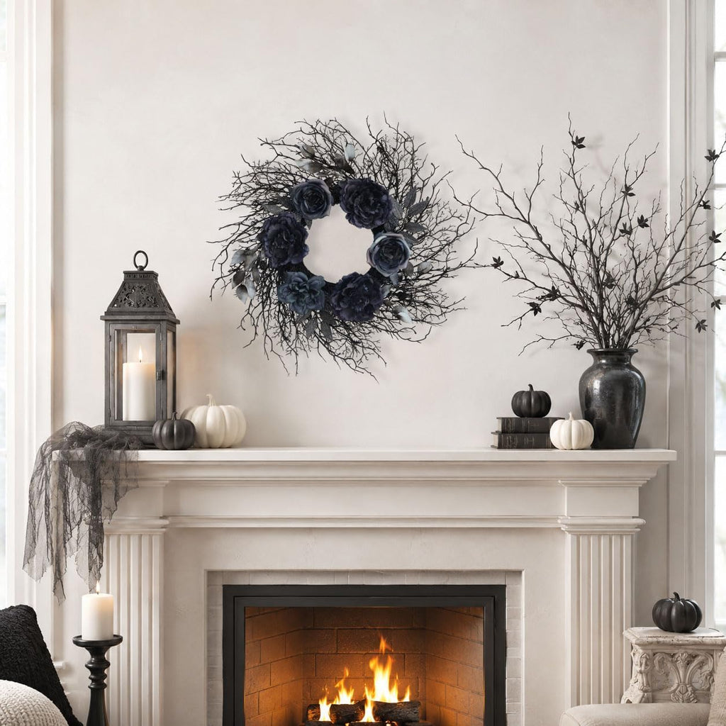 22 inch pre-lit black twig halloween wreath for, package contents