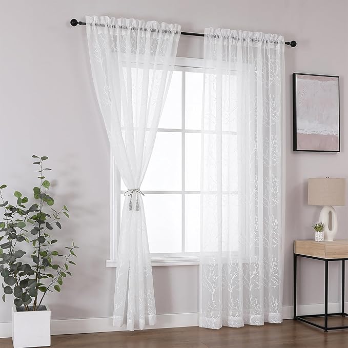 VISIONTEX Sheer Curtains 84 inch Length 2 Panels Set, Decorative White Coral Embroidery, Rod Pocket Embroidered Window Drapes for Living Room and Bedroom, 54" x 84"