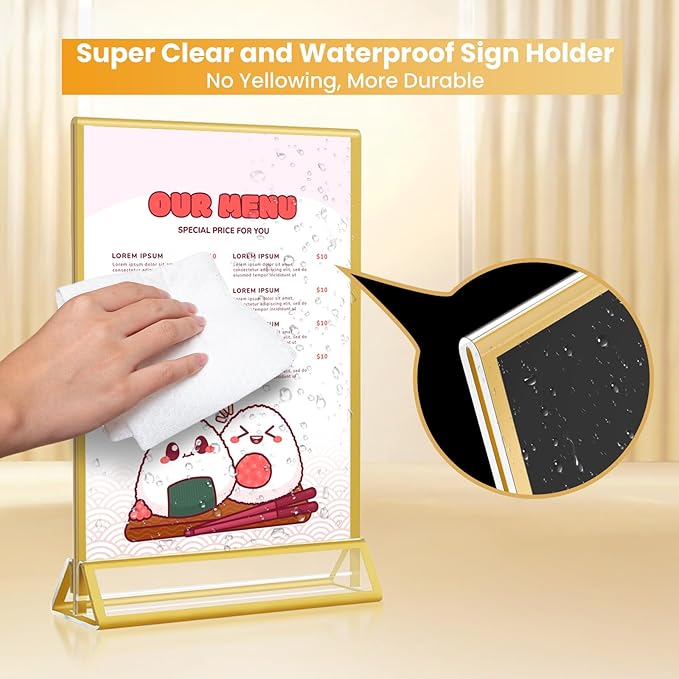 4x6 Gold Acrylic Sign Holder, 12 Pack Wedding Table Number Holder Stands with Vertical Gold Borders, Double Sided Picture Frame Paper Stand, Clear Photo Display Menu Holder for Party, Home, Restaurant