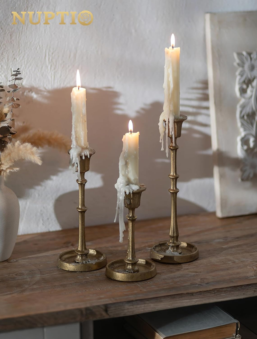 NUPTIO Cast Iron Taper Candle Holders, Set of 3 Antique Brass Candlesticks