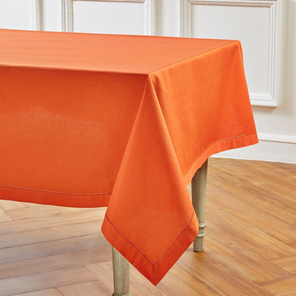 Solino Home Cotton Linen Tablecloth Burnt Orange Hemstitch, 58 x 120 in