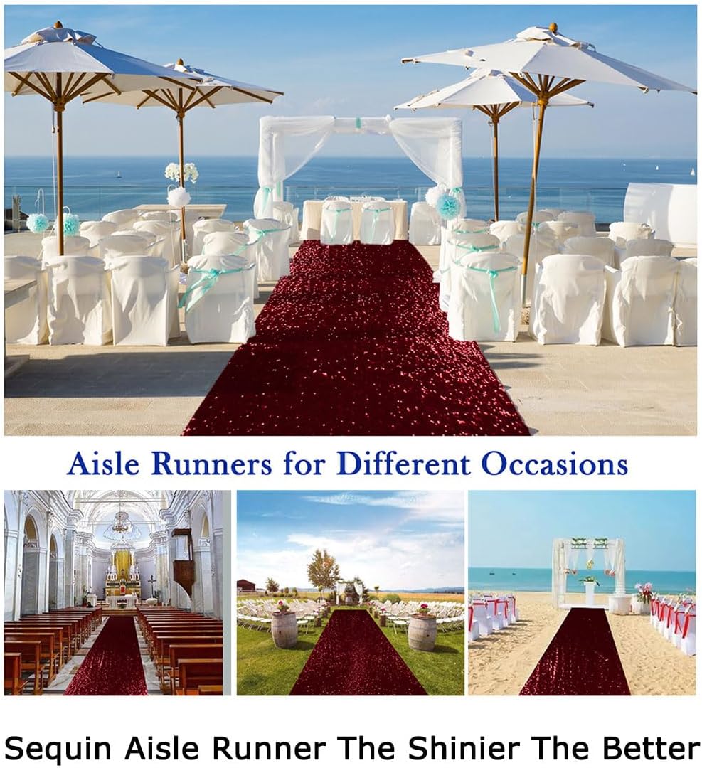 36" x15ft Burgundy Sequin Wedding Aisle Runner, Sparkling Decorative Car...