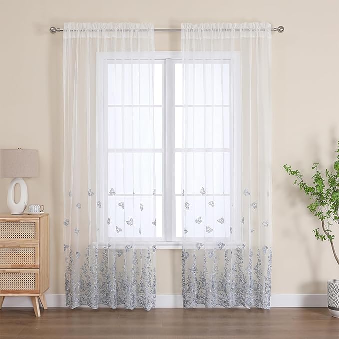 VISIONTEX White Sheer Voile Curtains, Decorative Blue Embossed Butterflies Rod Pocket Window Drapes for Home Kitchen, Living Room and Bedroom 54 x 63 Inch, Set of 2 Curtain Panels
