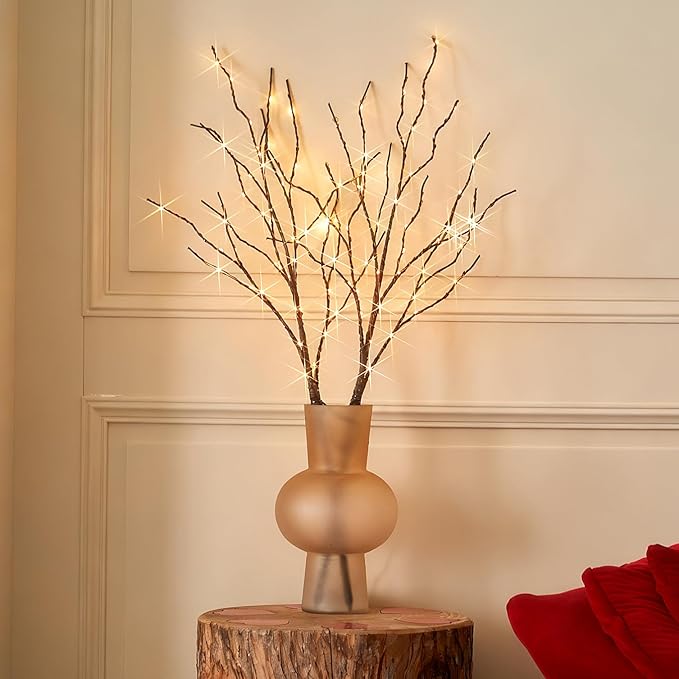 BAOLITVINE Lighted Willow Branches with Timer Battery Operated 100 LED Fairy Lights, Brown Twig Branches 32IN for Home Bedroom Fireplace Christmas Decoration Inside Outdoor
