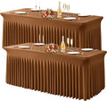Wish Care 2 Pack Brown Spandex Table Clothes for 4 Foot Rectangle Tables, 4FT Wrinkle Free Fitted Tablecloths Ruffles Design Table Cover for Party, Banquet, Wedding and Events