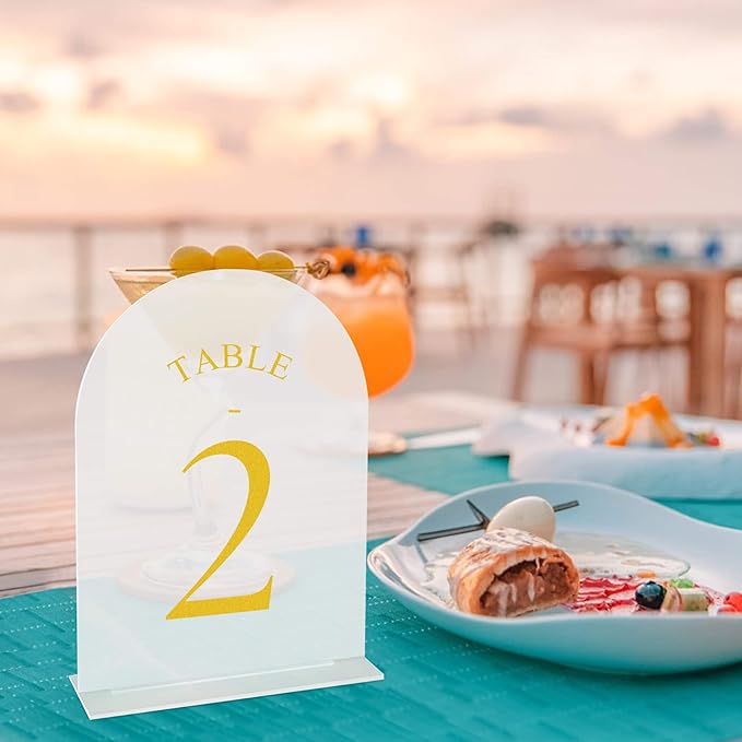 JOYIT Frosted Arch Wedding Table Numbers 1-30 with Stands – 5" X 7" Acrylic Gold Table Number Holders, Perfect for Wedding Receptions, Parties, Anniversaries, and Events