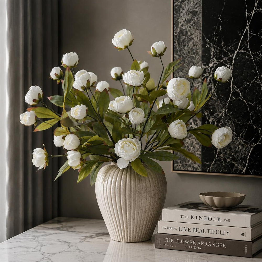 NULLEINS 8Pcs White Faux Peonies, 27" Long Stems Artificial Silk Flowers
