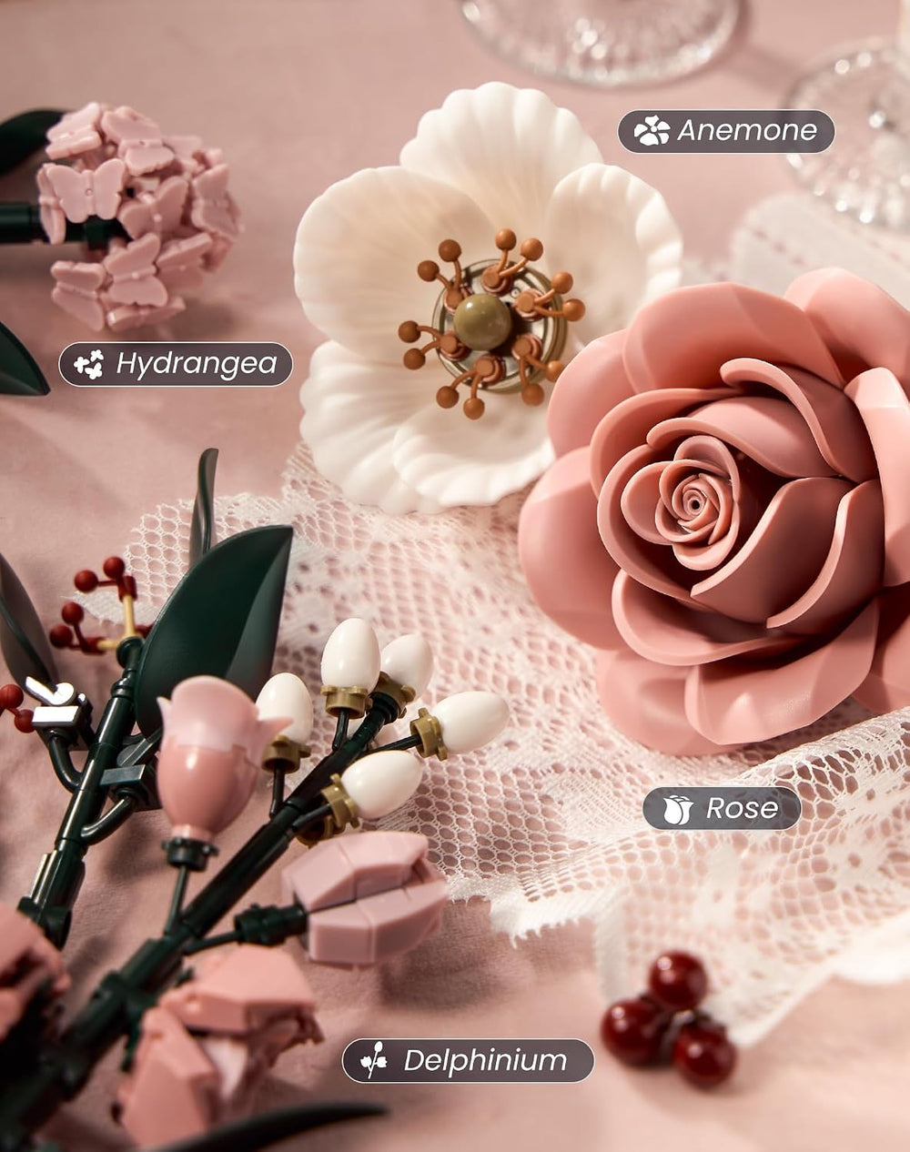 Pink Roses Flower Bouquet Building Set for Adult Gift Idea Home Decor