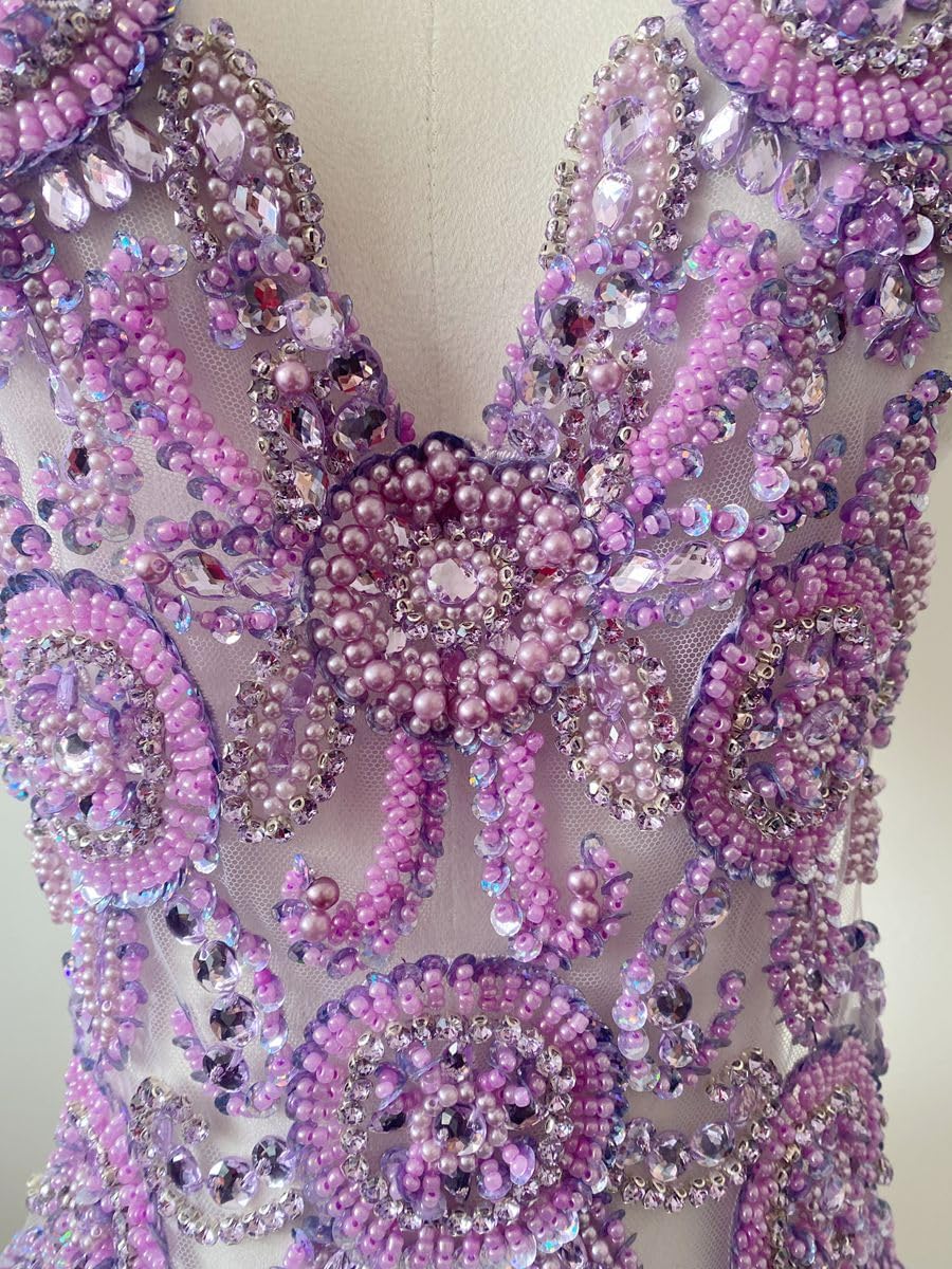 Pure Handmade Bodice lace Rhinestones Applique Sewing Stones Beads Crystal Tr...