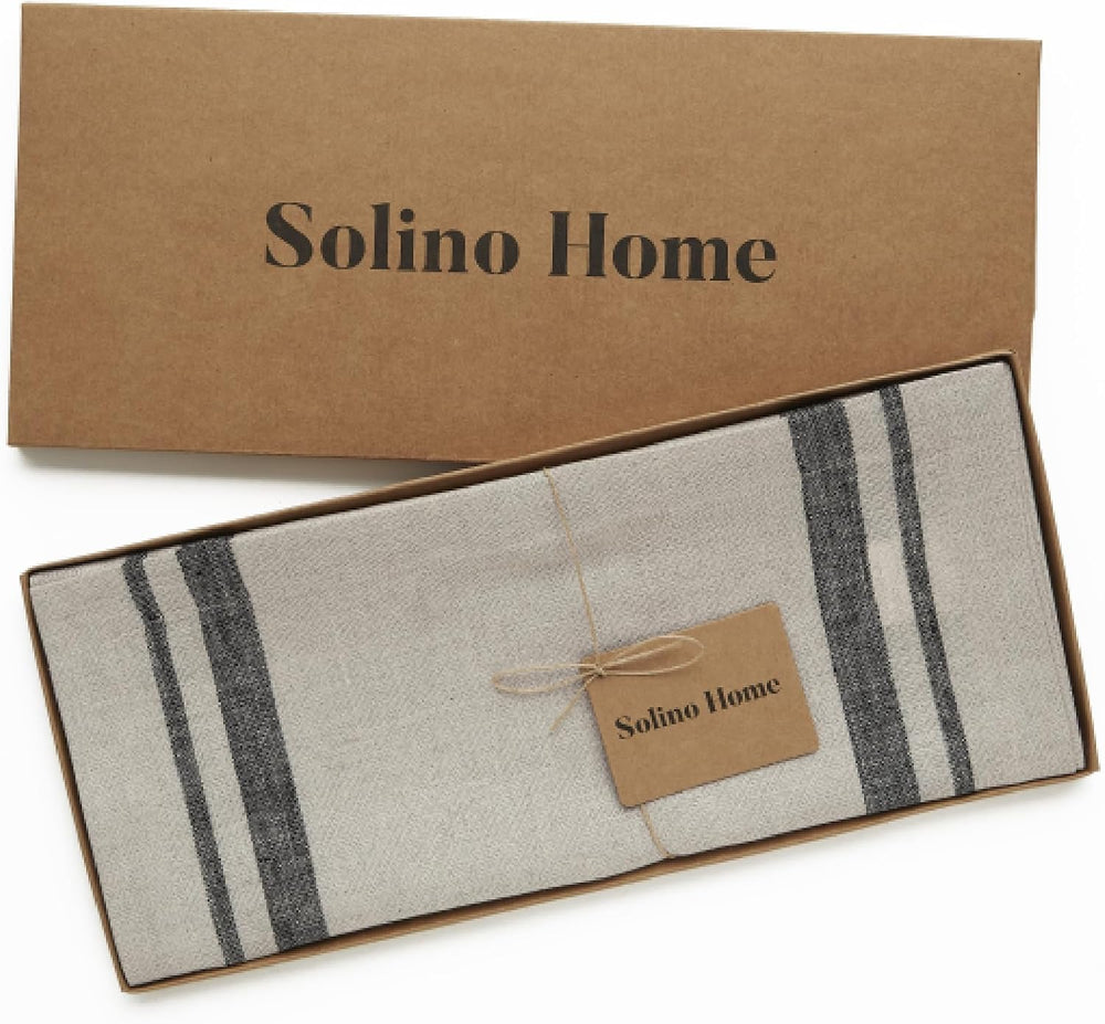 Solino Home 100% Pure Linen Table Runner, 14 x 90 in, Black, French Stripe