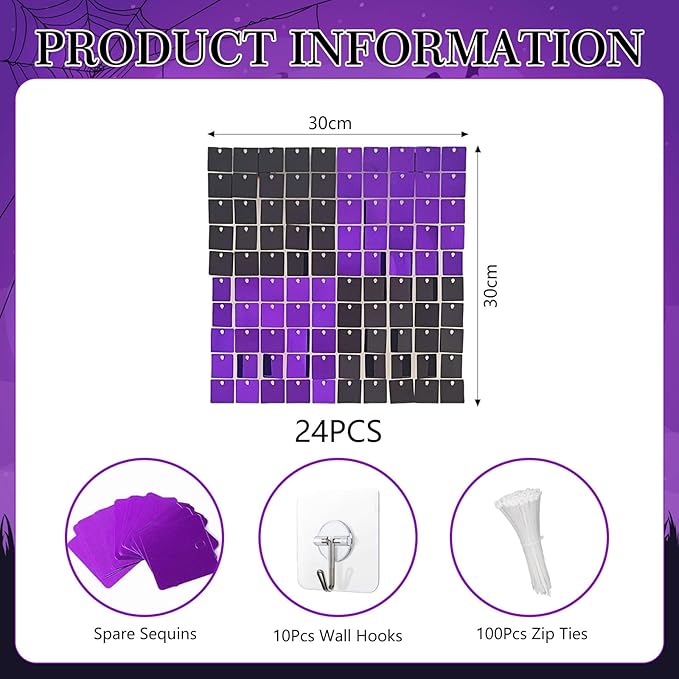 24PCS Black Purple Shimmer Wall Backdrop, Square Sequin Photo Backdrops Panel, Glitter Wall Background for Birthdays, Weddings, Christmas, Engagements, Halloween Party Decor (4FTx6FT)