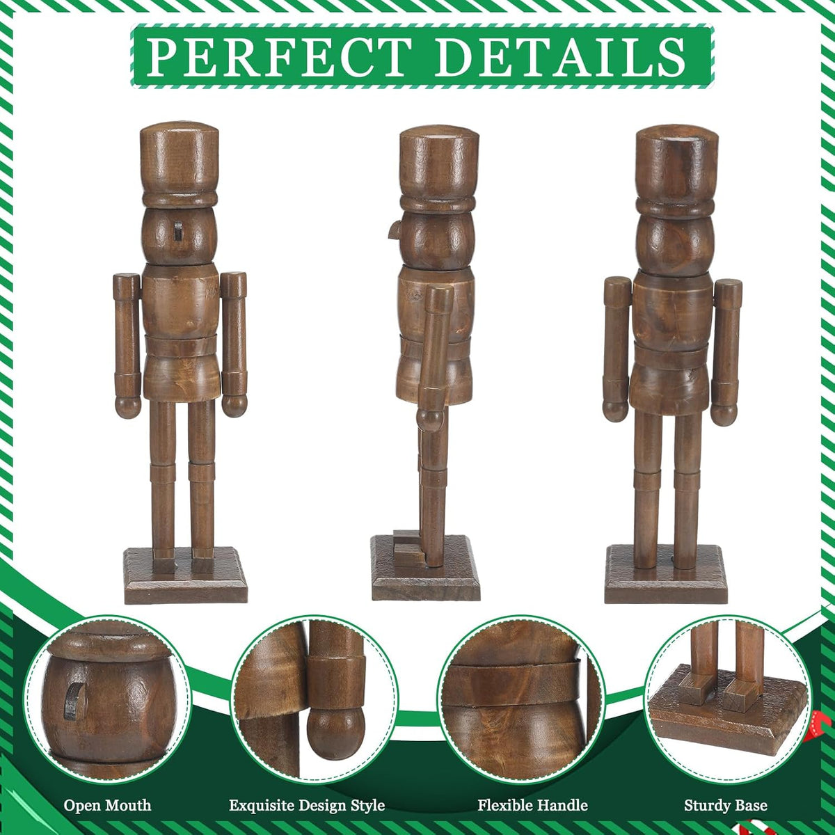 wonderjune 2 pack wooden nutcracker christmas, brown, 12, close-up detail