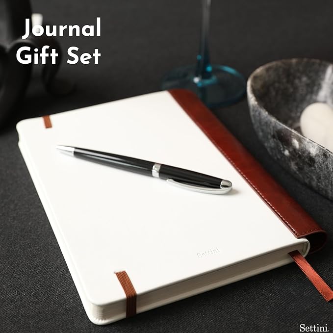 SETTINI® Lined Journal - Modern White Journal for Writing Gift Set - Hardcover Vegan Leather, Includes Luxury Pen in a Unique Pen Holder, 192 Pages, 6 x 8.5 inches, Birthday Gift