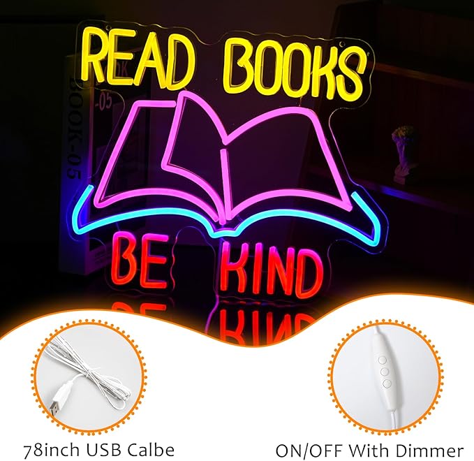 Read Books Be Kind Neon Sign Dimmable USB Powered Read Books Neon Light for Wall Decor Be Kind Led Light Sign Bright Books Light Up Sign for Classroom Reading Room Bookstore Library