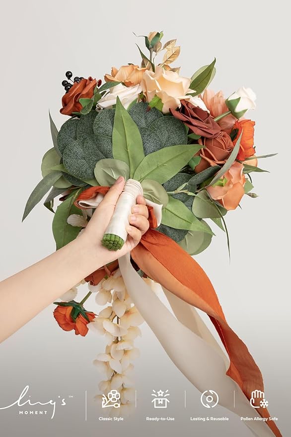 Ling's moment Terracotta Bridal Bouquet Cascading, Orange Wedding Bouquets for Bride, 13 Inch Bride Bouquets for Wedding Artificial Flowers Bouquets