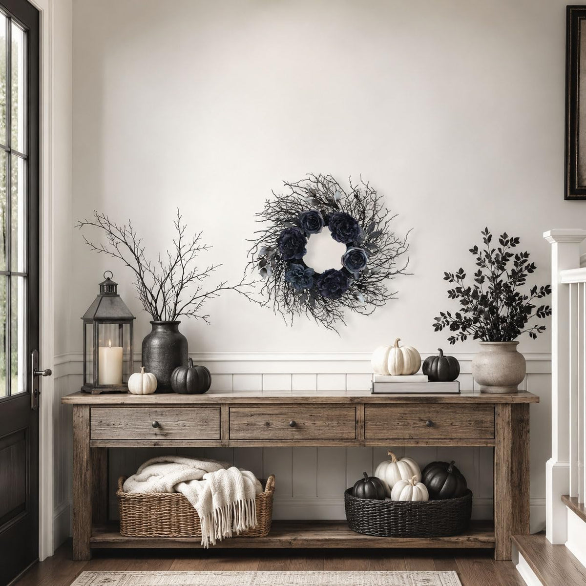 22 inch pre-lit black twig halloween wreath for, side view