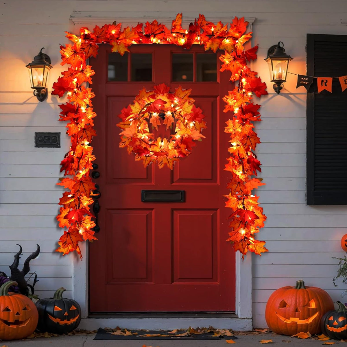 fall decorations lighted fall garland, 9ft 50 count shown in use