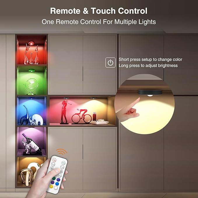 RGB Puck Lights with Remote Control, 2000mAh Rechargeable Stick on Led Lights, 9 Colors & 2 Dynamic, Tap Light with Timing,Under Cabinet Lighting for Closet,Kitchen,Cabinet,Shelf(Black, 5 Pack)