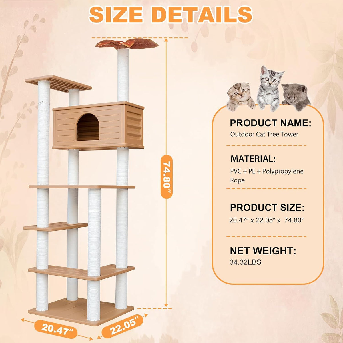 74.8in weatherproof cat tree tower with scratching post, front angle view