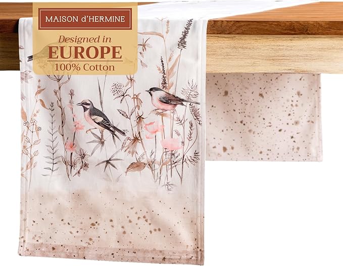 Maison d' Hermine Table Runner 100% Cotton Double Layer Table Runners 108 inches Long Decorative for Home Dining Party Wedding Bridal Shower Spring Summer (Meadow Florals - Brown, 14.50" x 108")