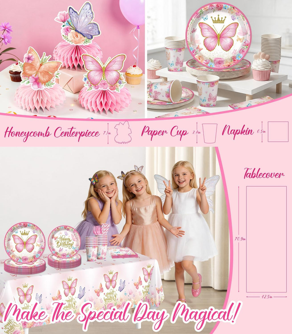 Pink Butterfly Birthday Decorations, All-in-One Set for 25 Guests