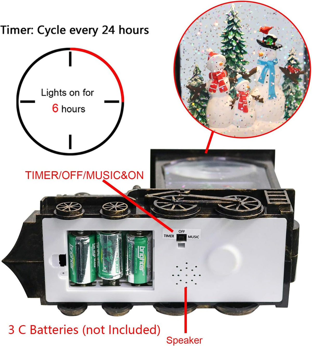 GenSwin Christmas Train Snowman Battery Operated Musical Lighted Water Snowing Glittering Snow Globe Lantern with Timer, Christmas Home Decoration and Gift(Copper)