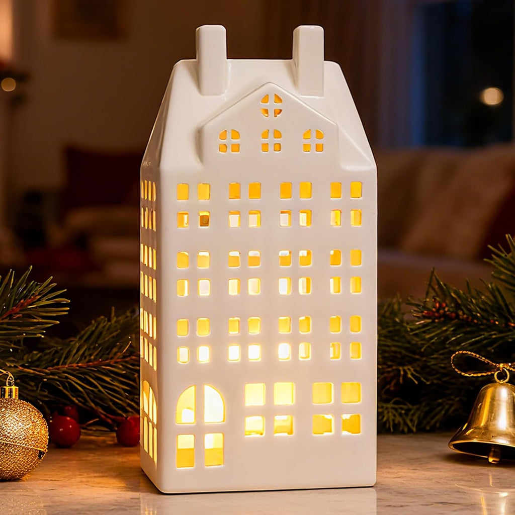 DN DECONATION Light Up Christmas Decor Village Set, White House with Lights