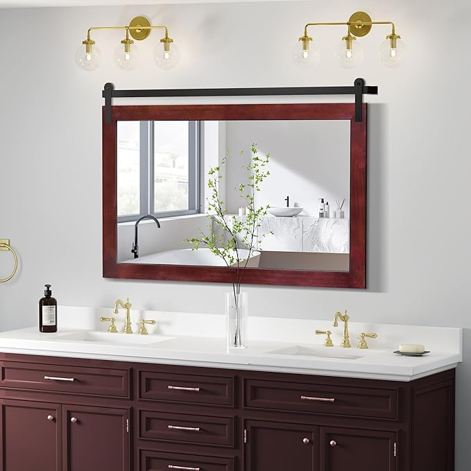 COGOOD Farmhouse Bathroom Mirror - 45 x 30 Rustic Wood Framed Wall Barn Door Mirror for Entryway, Living Room, Entryway Wall Decor (Espresso)