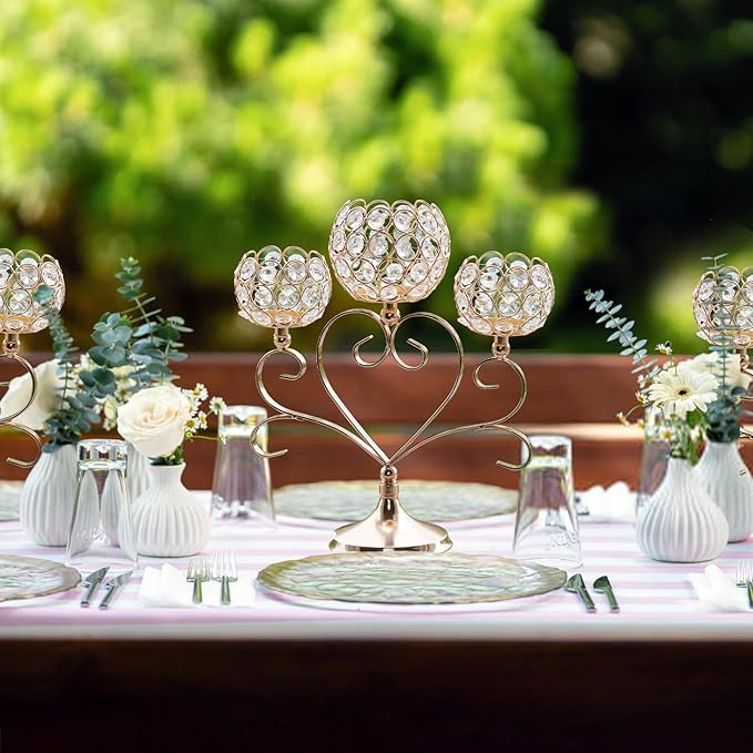 2 Pcs 3-Arm Heart Tea Light Candle Holder - Crystal & Metal Wedding Centerpiece Decor, Sparkling Table Decor for Anniversaries/Romantic Tabletop Home/Dinner Party/Events (2, Gold)