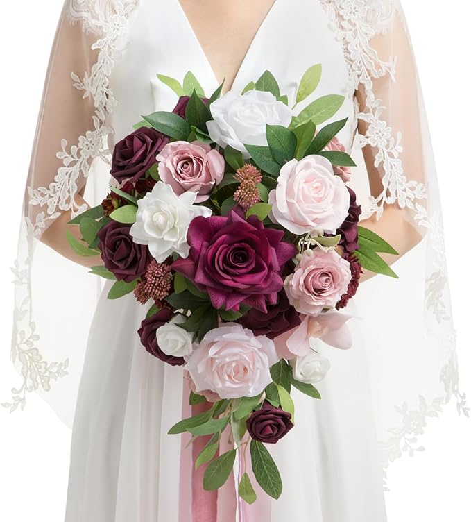 Ling's moment Burgundy Cascading Bridal Bouquet, Marsala Wedding Bouquets for Bride, 13 Inch Birde Bouquet Artificial Wedding Flower Bouquet